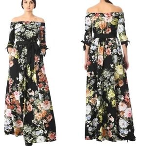 eShakti Off-The-Shoulder Floral Print Crepe Maxi Dress 4X